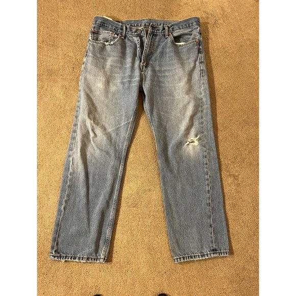 Levis 505 Mens Jeans Size 36x30 Regular Fit Straight Light Blue Denim Distressed - Picture 1 of 5